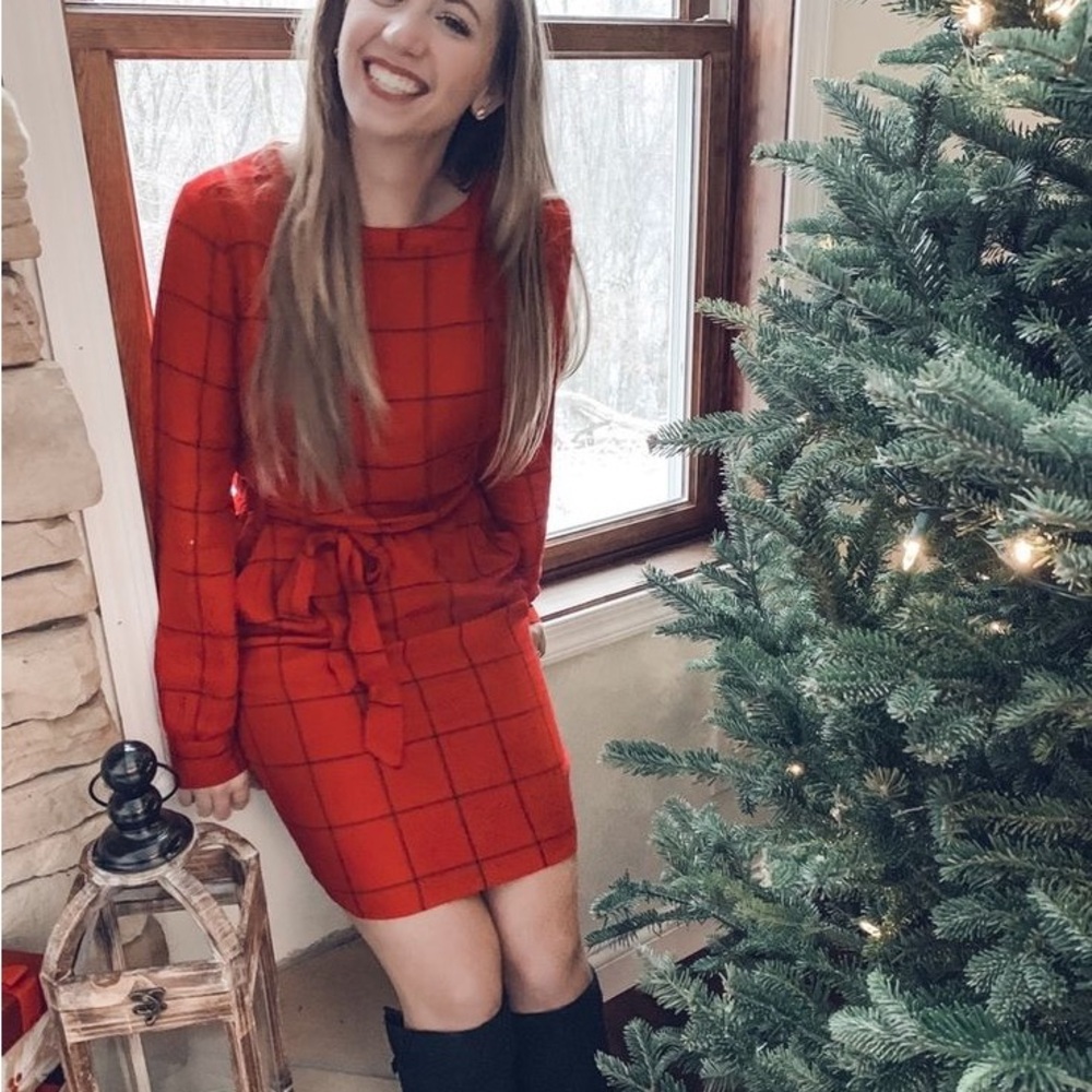 A New Day Red Windowpane Plaid Long Sleeve Tie Waist Dress Womens Large - Picture 13 of 13